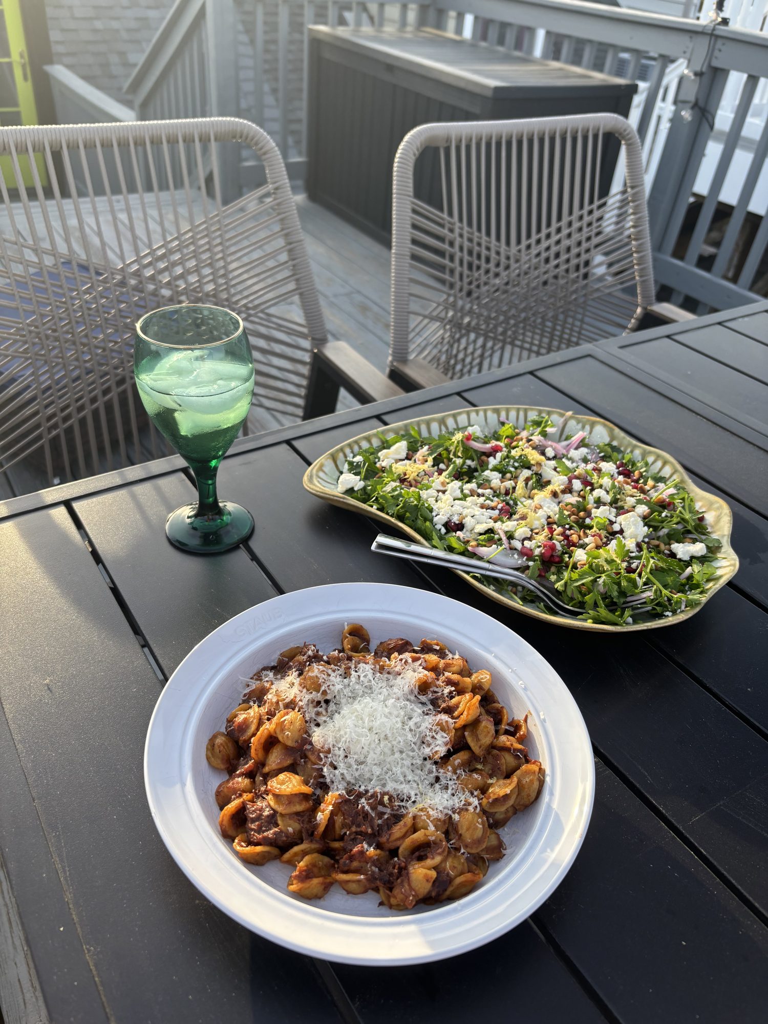 Home-cooked orecchiette ragù with a side salad